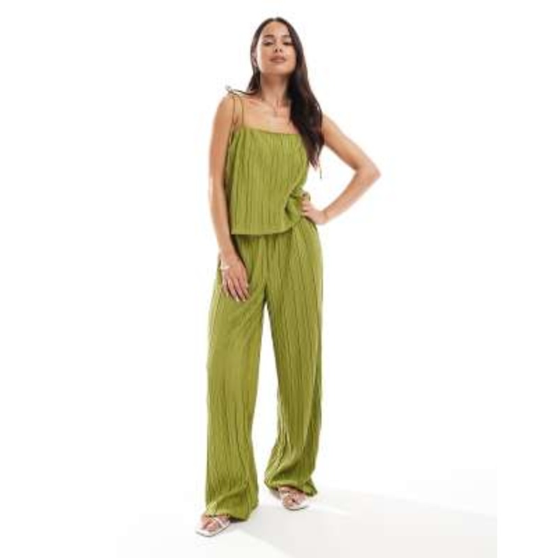 Vero Moda square neck plisse cami and wide leg pants set in olive green
