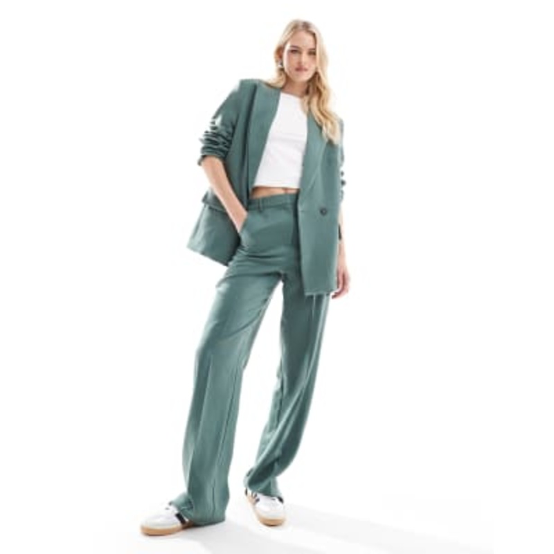 Vero Moda Tall tailored herringbone blazer and pants set in forest green