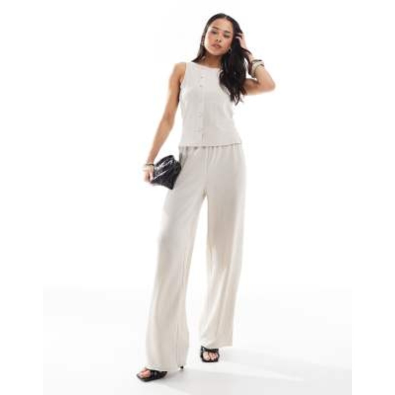 Vero Moda textured jersey asymmetric placket top and wide pants set in beige