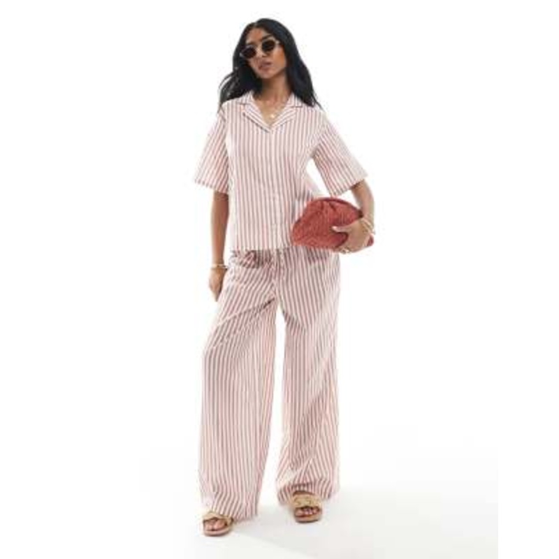 Wednesday’s Girl linen mix wide leg pants in tan stripes – part of a set