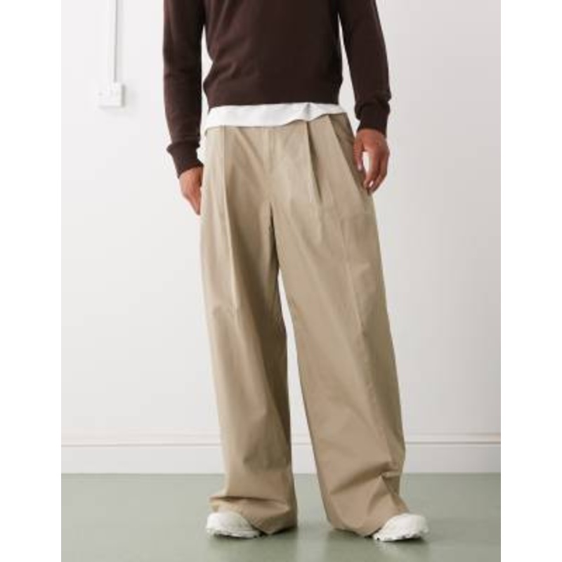 Weekday oversized wide leg chino pants with front pleats in beige
