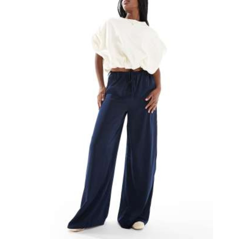 Wednesday’s Girl satin wide leg side stripe pants in navy
