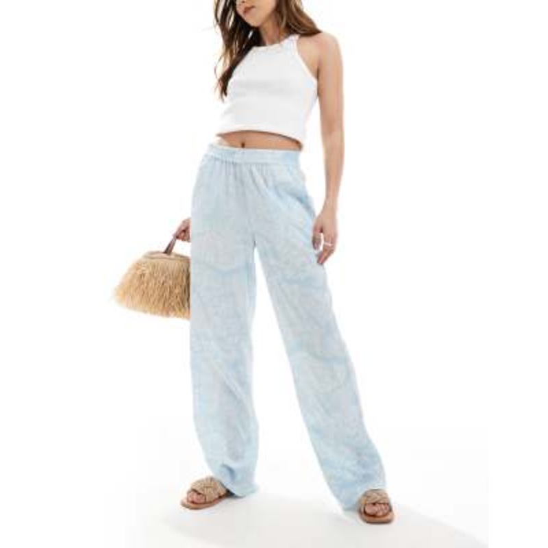 Vero Moda wide leg pull on pants in pale blue floral print