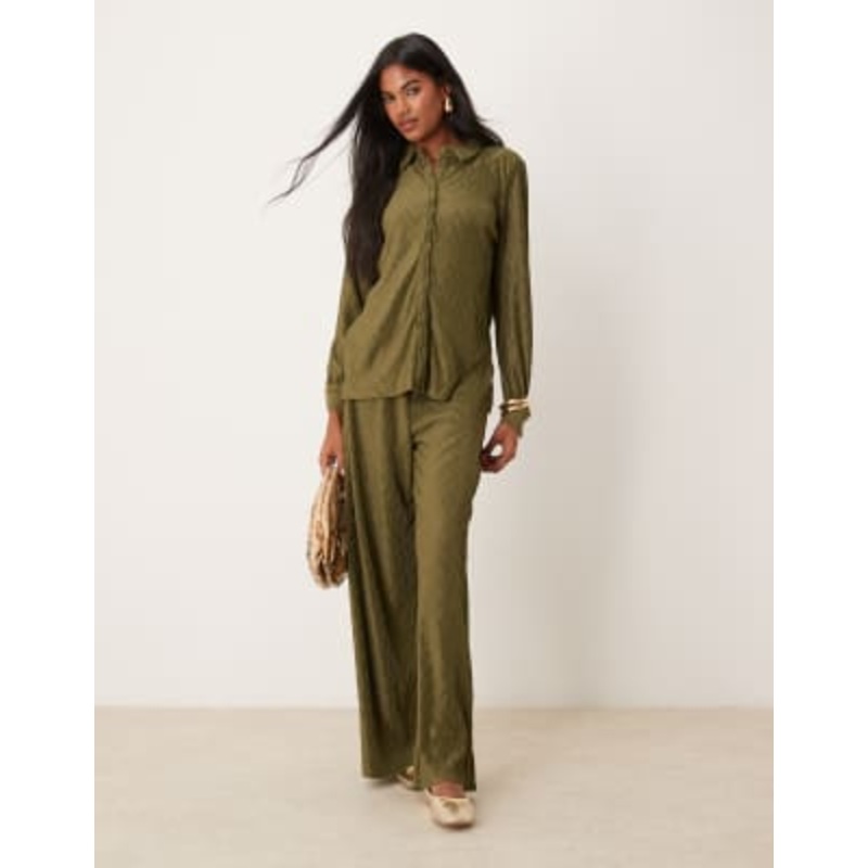 VILA plisse wide leg pants in dark olive – part of a set