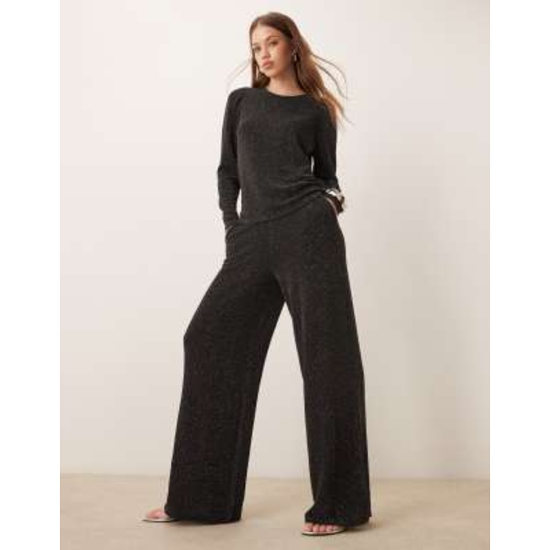 VILA sequin & velour glitter top and pants set in black