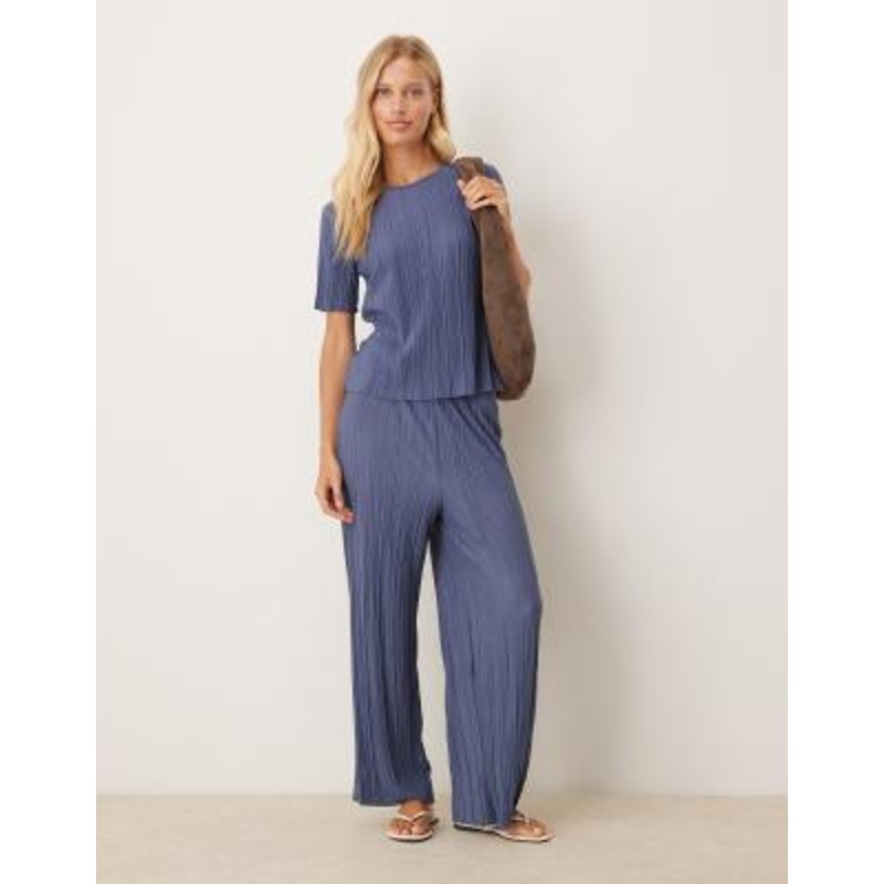 VILA wide leg plisse pants in vintage indigo blue – part of a set