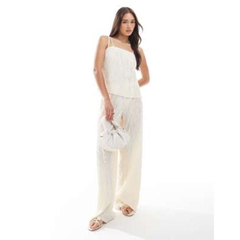 Vero Moda textured plisse double strap cami and wide leg pants set in birch cream