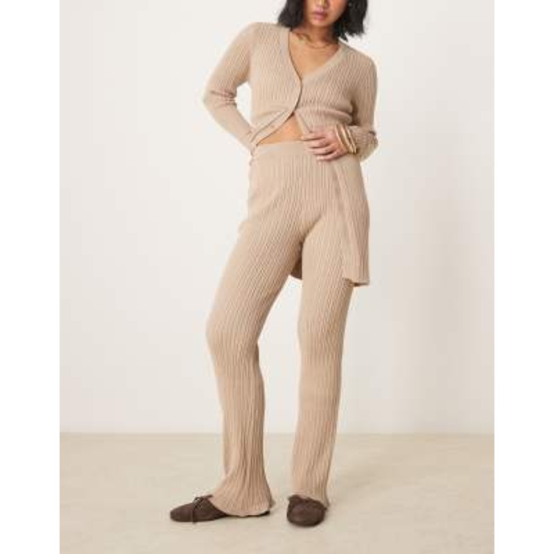 Vila Petite longline ribbed cardigan and flare pants in beige