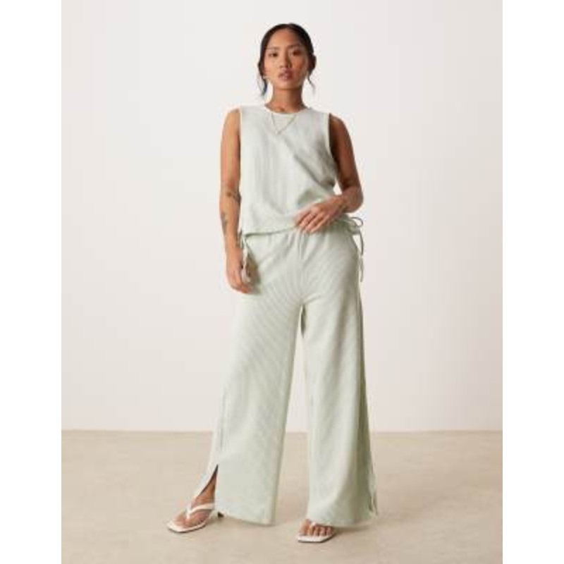 VILA Petite textured stripe sleevless tie side top and wide pants set in green and cream