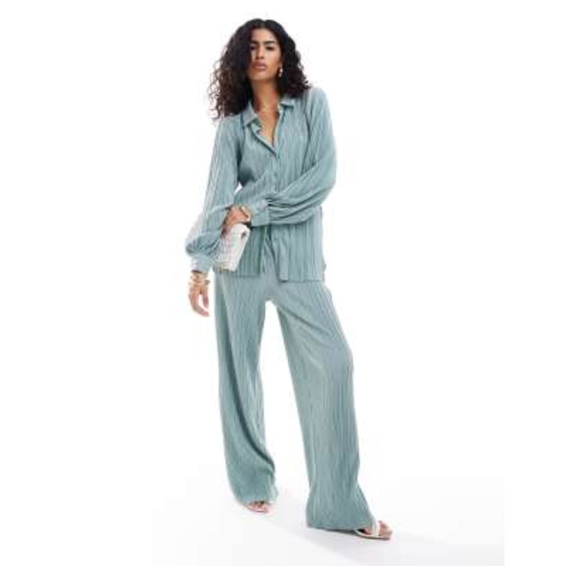 Vila plisse wide leg pants in sea breeze – part of a set