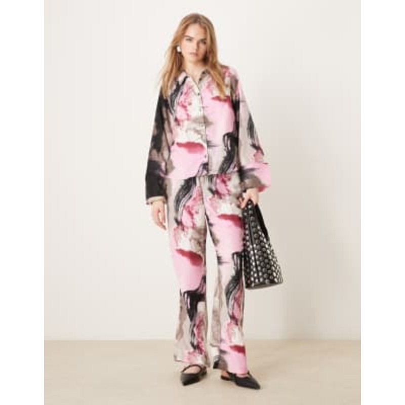 VILA satin wide leg pants in pink abstract print – part of a set