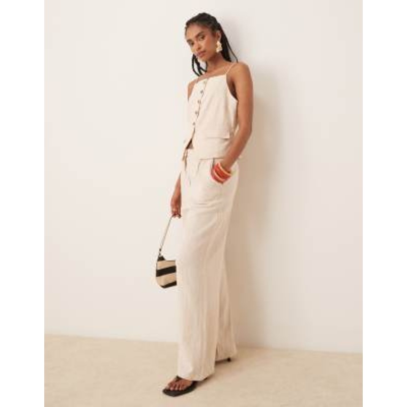 YAS linen touch tailored high waist wide leg pants in cream melange – part of a set