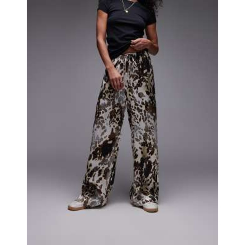 & Other Stories satin pull-on wide leg pants in brown animal print