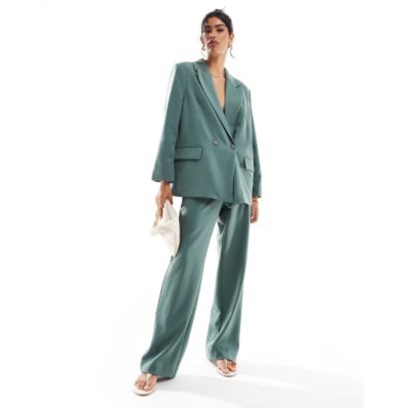 Vero Moda tailored herringbone blazer and wide leg pants set in dark forest green