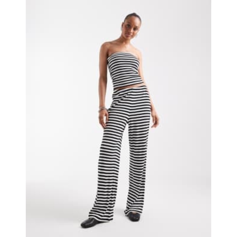 Vero Moda Tall ribbed jersey pants in black and white stripes – part of a set
