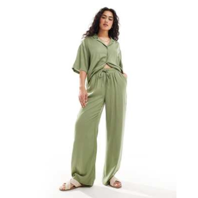 Vila linen touch tie waist wide leg pants in green – part of a set