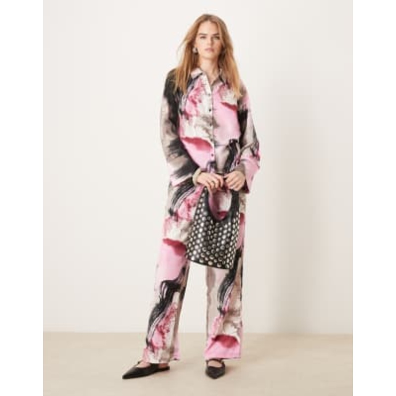 VILA satin shirt and wide leg pants set in pink abstract print