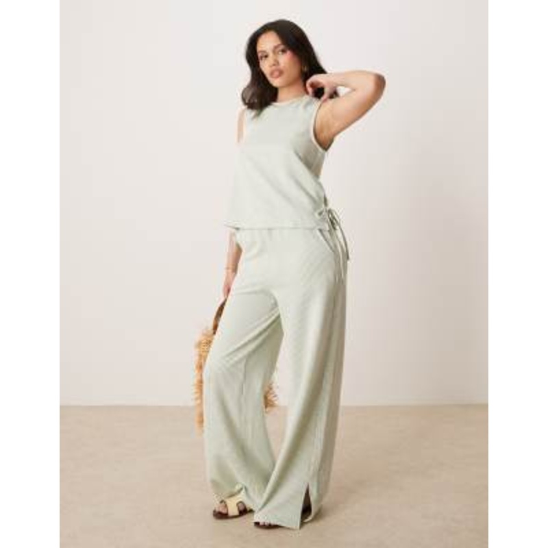 Vila textured sleeveless tie side top and wide leg pants set in green and cream stripe