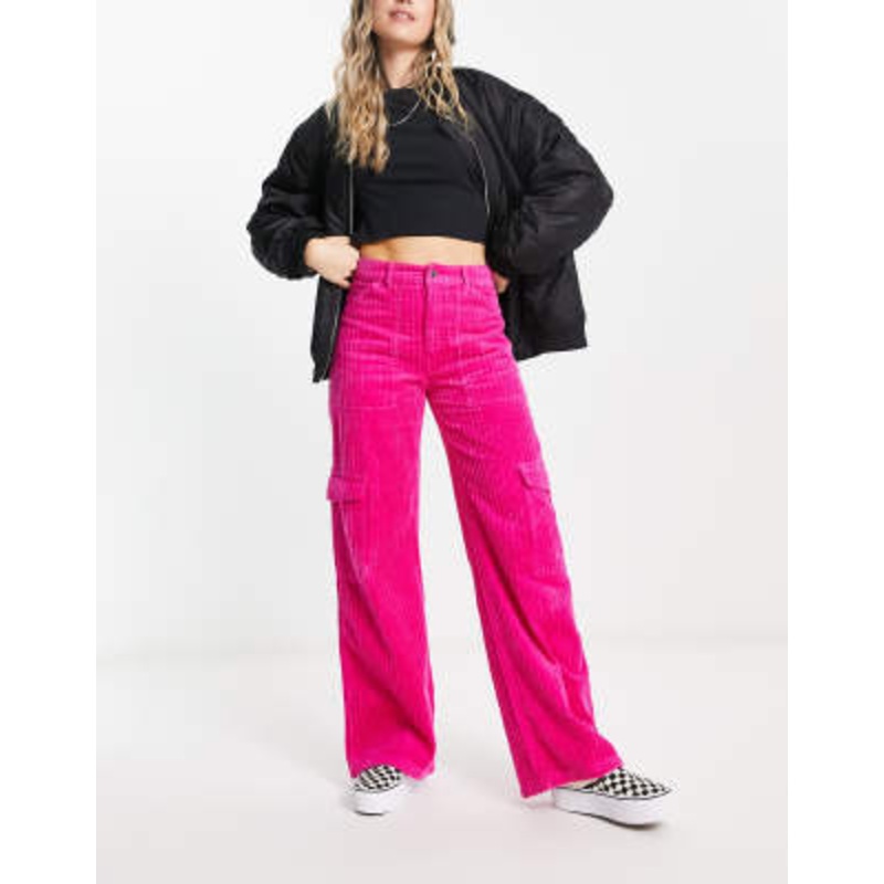 Weekday Julian cord cargo pants in bright pink