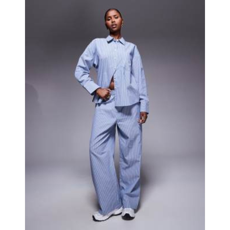 Weekend Collective woven stripe pants set in blue and navy