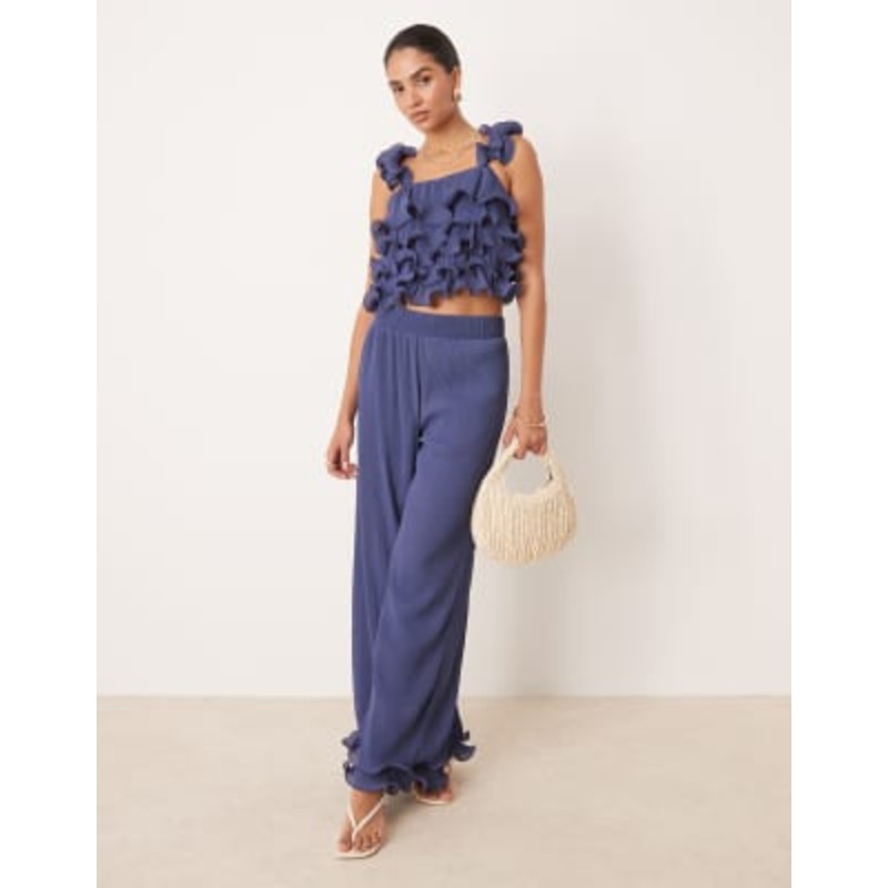 YAS structured frill top and pants set in deep blue