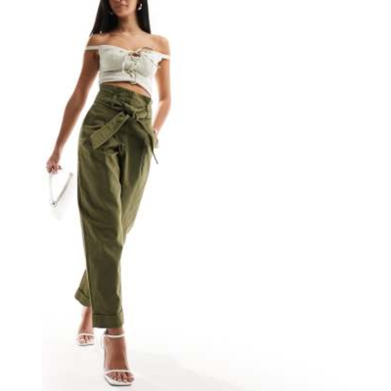 & Other Stories belted high rise straight leg pants in dark khaki