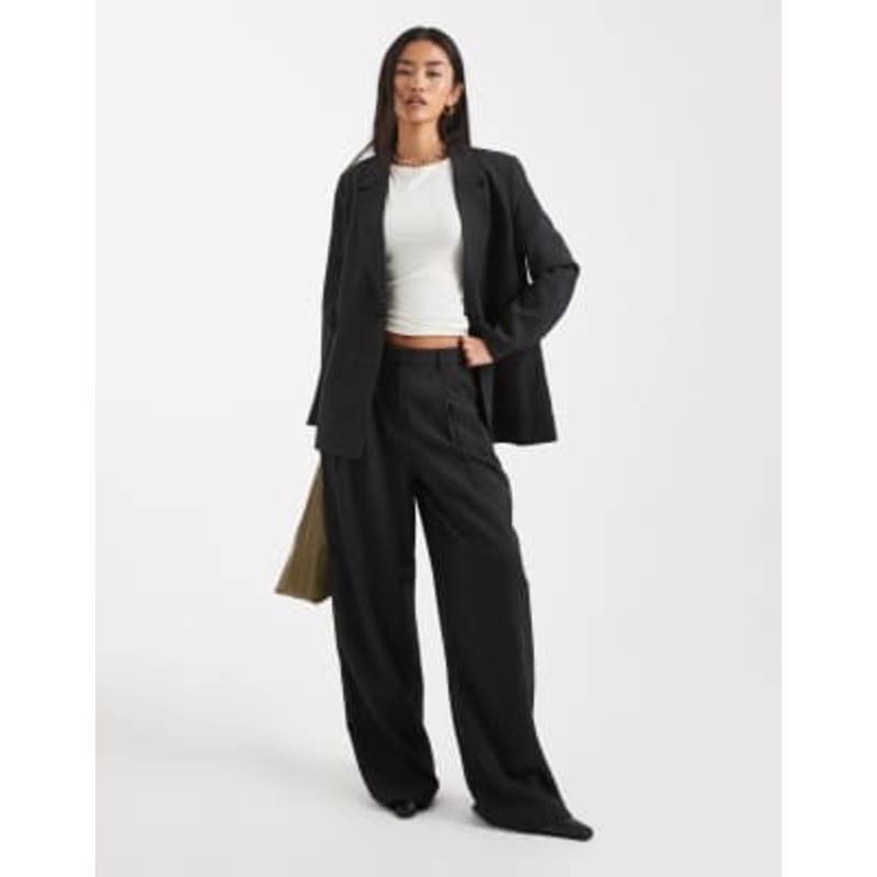 Vero Moda wide leg pleat front tailored pants in dark gray melange – part of a set