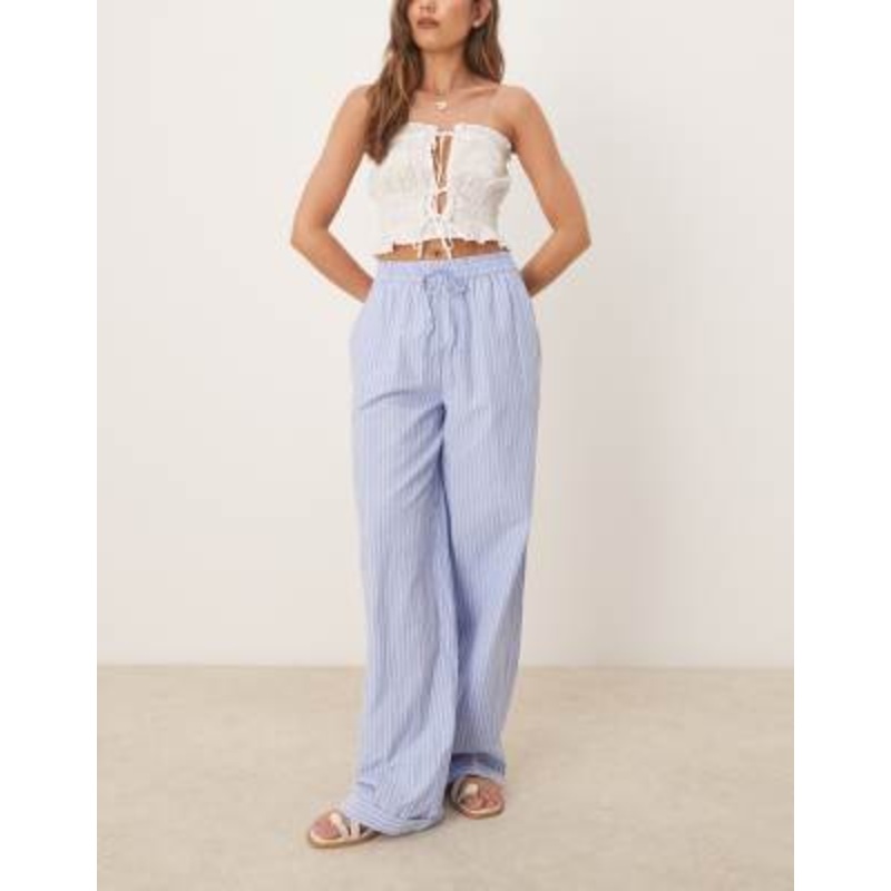 Vila highwaist wide leg stripe dad pants with turn up cuff in blue