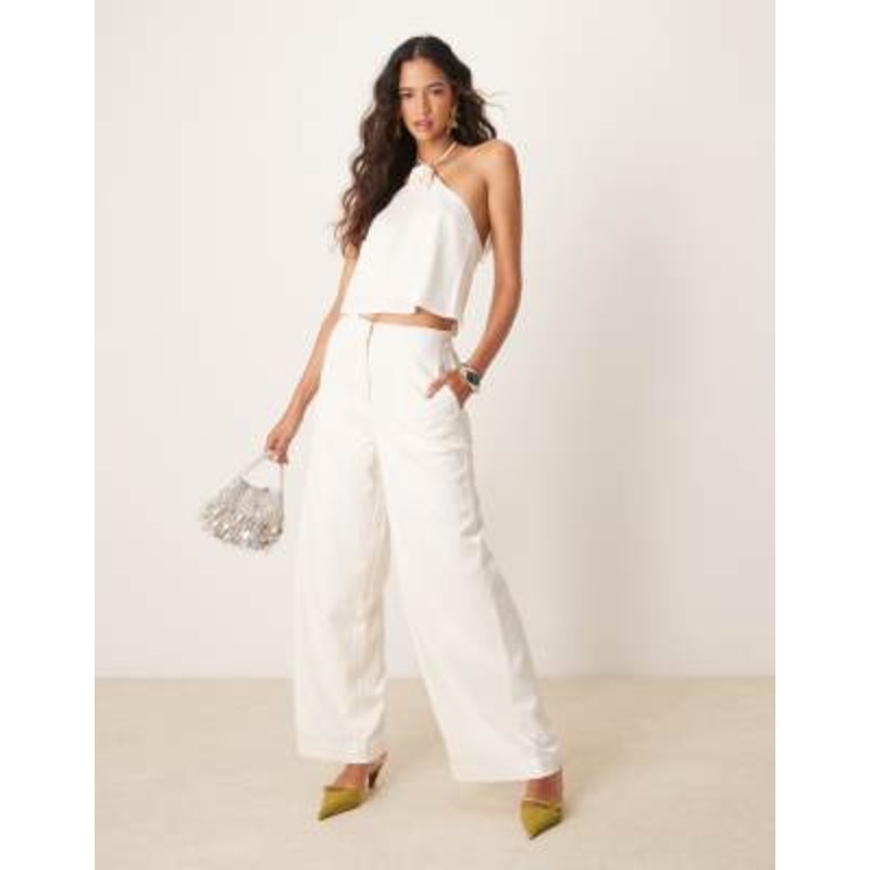YAS wide leg satin pants in gardenia white – part of a set