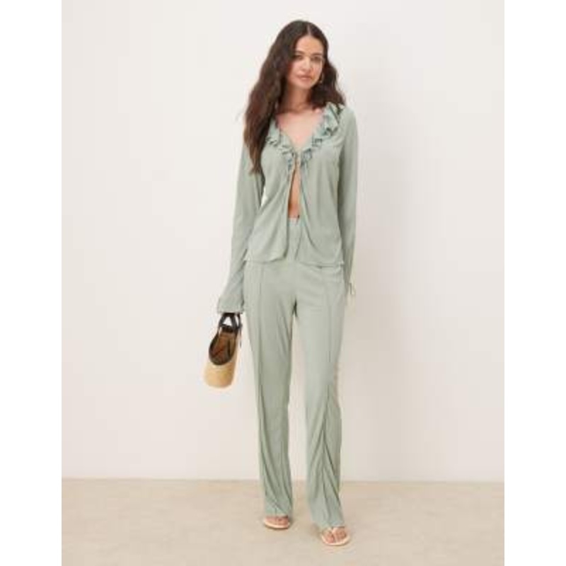 VILA textured ruffle tie front jersey top and wide leg pants set in milieu green