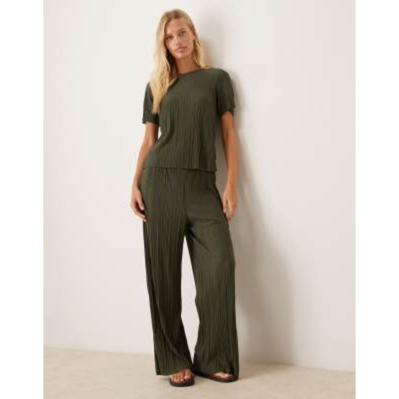 VILA wide leg plisse pants in deep khaki – part of a set