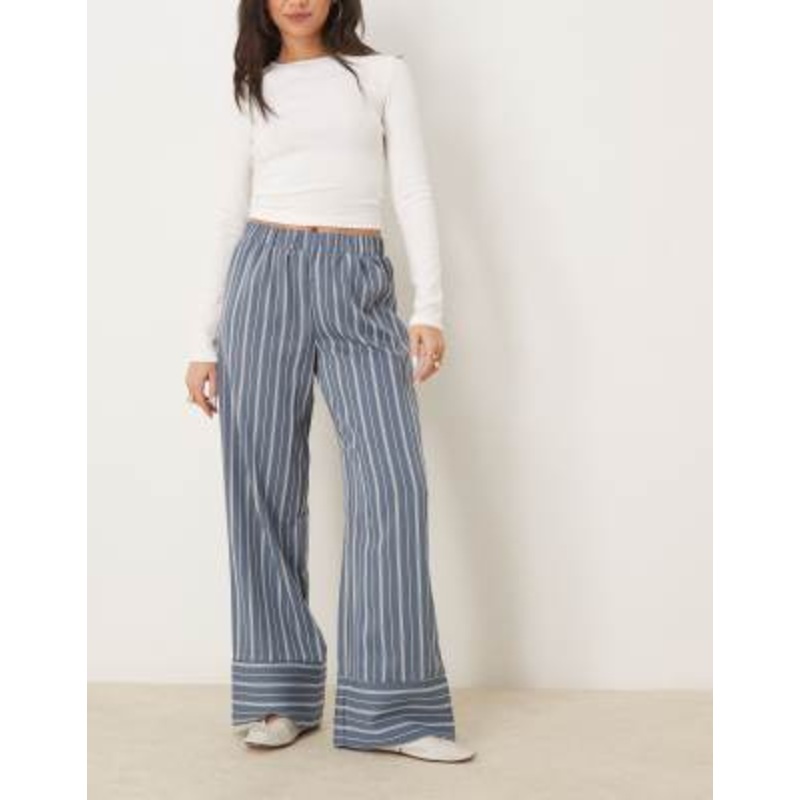 VILA wide leg striped pants with deep cuff detail in blue