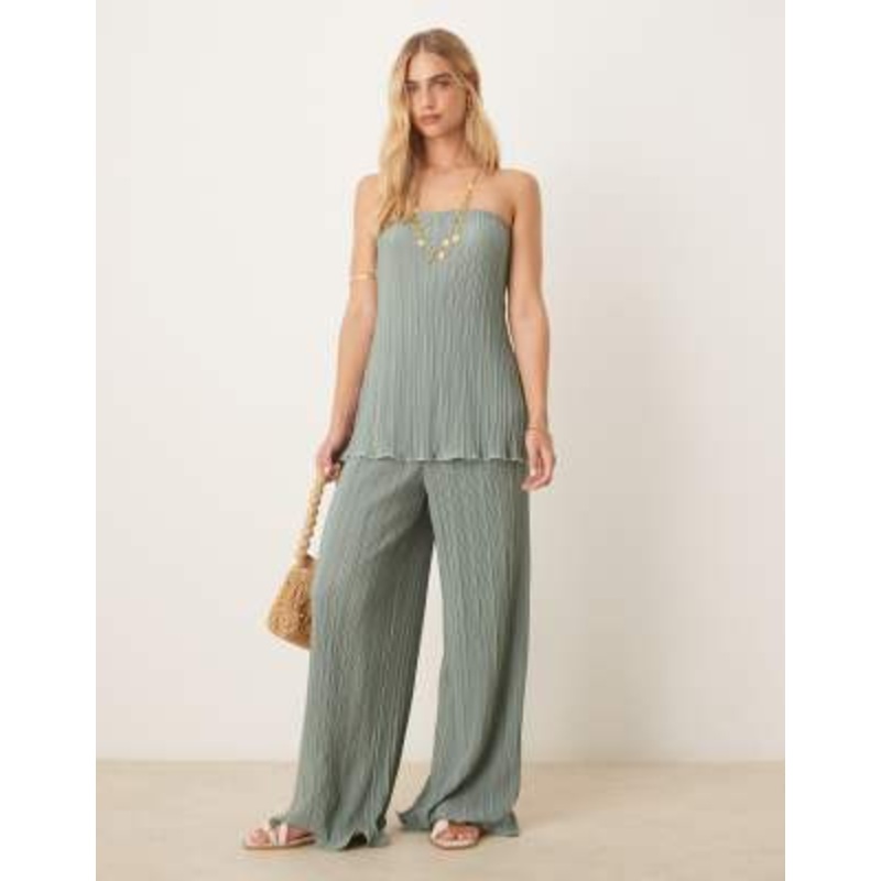 YAS plisse bandeau and wide leg pants set with exagerrated hem in soft green