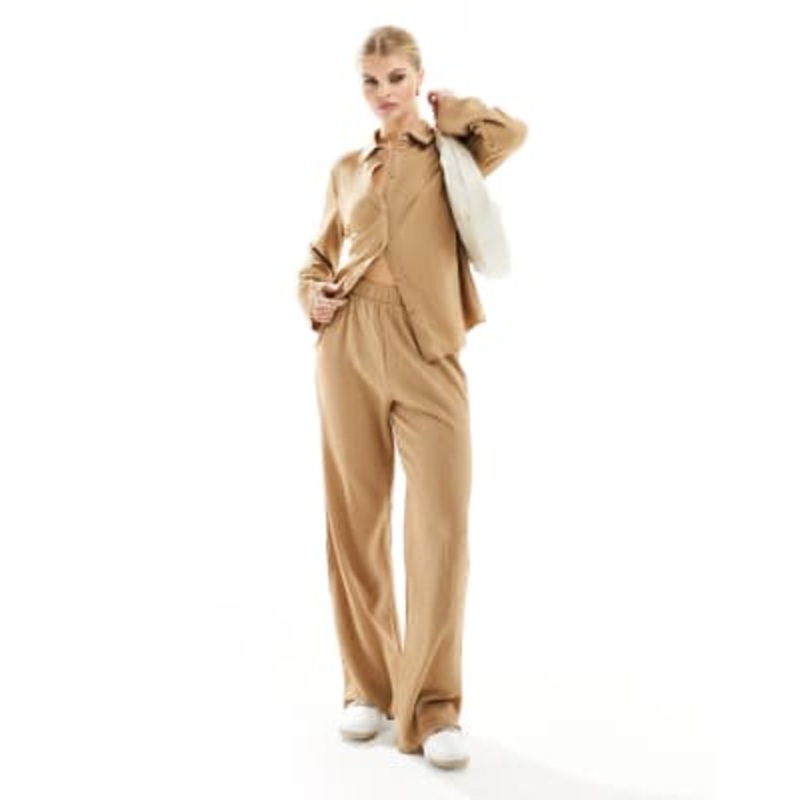 Vero Moda textured jersey shirt and pants set in beige
