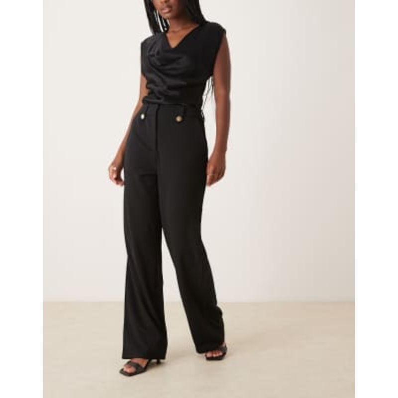 Vila high waisted button detail pants in black