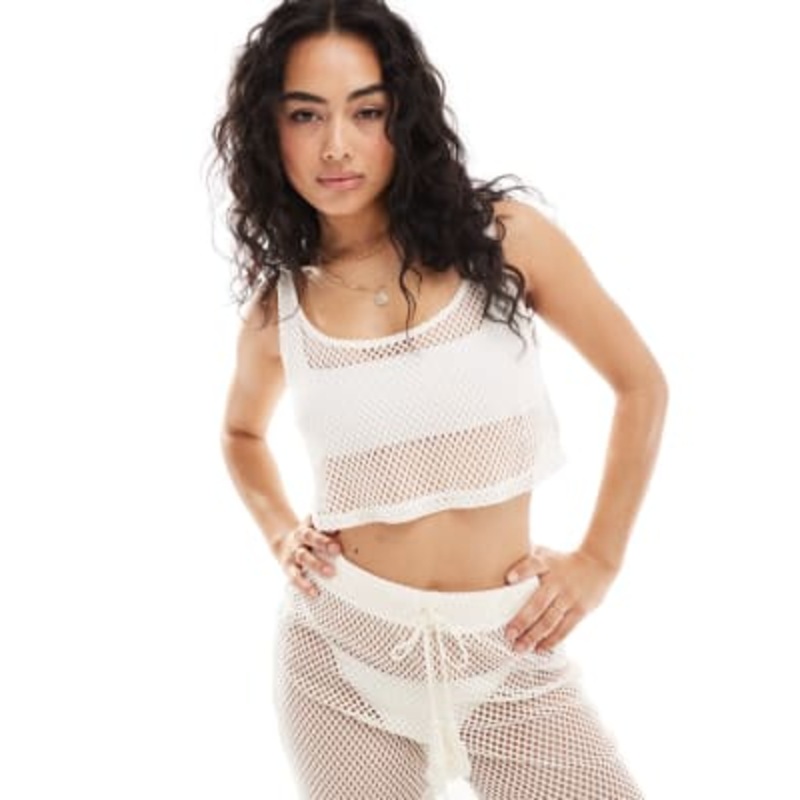 Vila open knit beach tank top and pants set with tie waist in cream