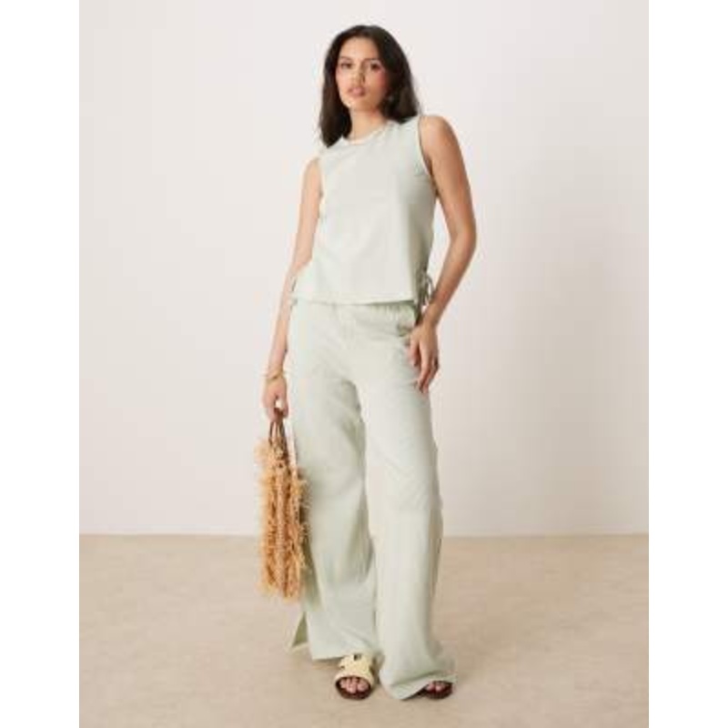 VILA textured stripe wide leg pants in green and cream – part of a set