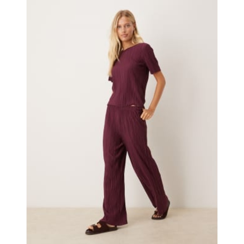 VILA wide leg plisse pants in burgundy – part of a set