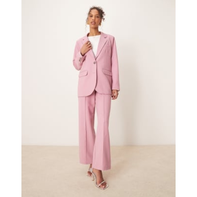 YAS oversized blazer with tortoise shell button and wide leg pants set in lilac pink