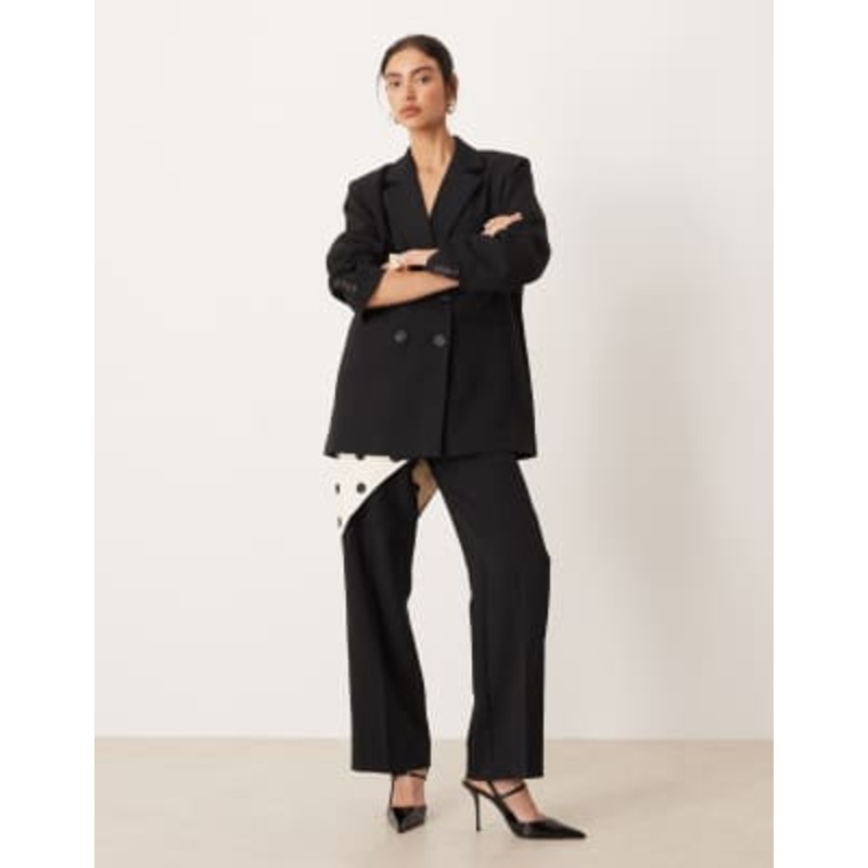 YAS tailored double breasted blazer and wide leg pants set in black