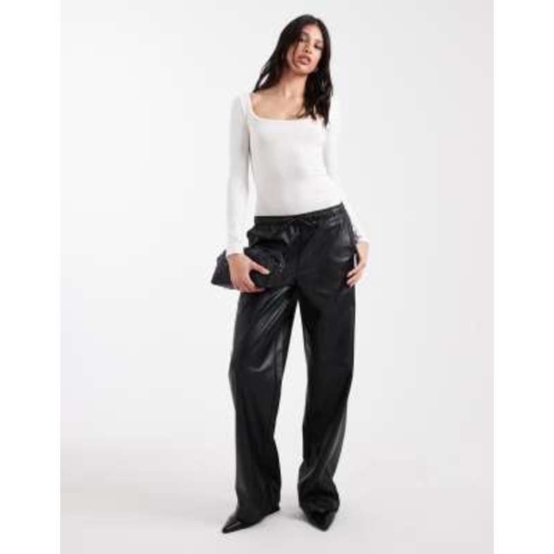 Vero Moda Tall tie waist wide leg faux leather pants in black
