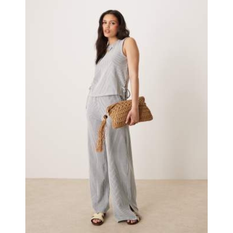 Vila textured striped wide leg pants in black and cream – part of a set