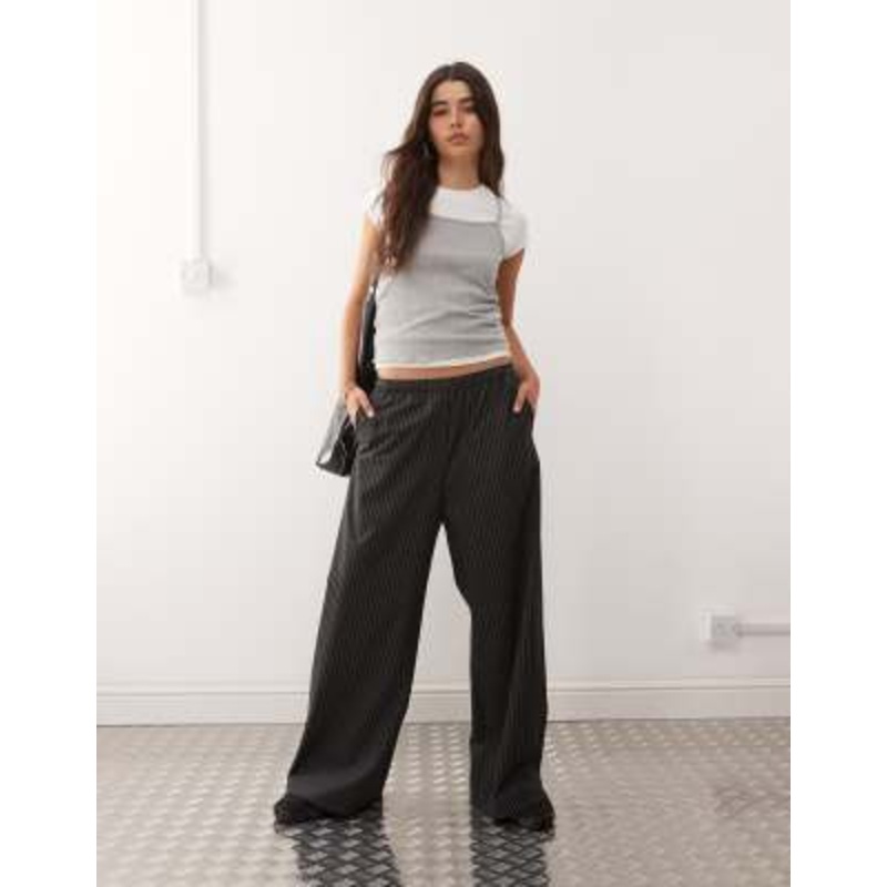 Weekday elasticized waist wide leg pants in dark gray pinstripe