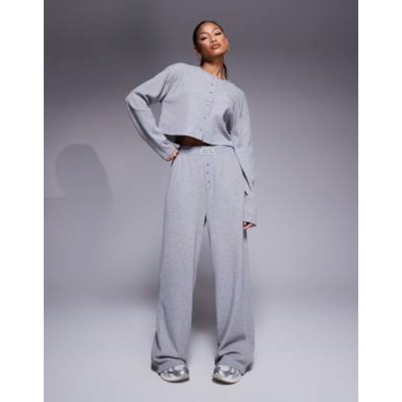 Weekend Collective waffle button top with nylon and wide leg sweatpants set in gray