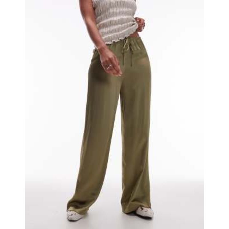 & Other Stories satin pull-on wide leg pants in khaki green