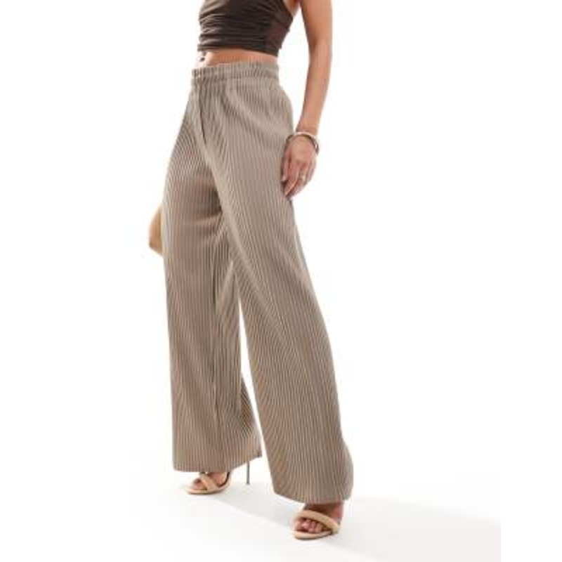YAS high waisted wide leg plisse pants in beige