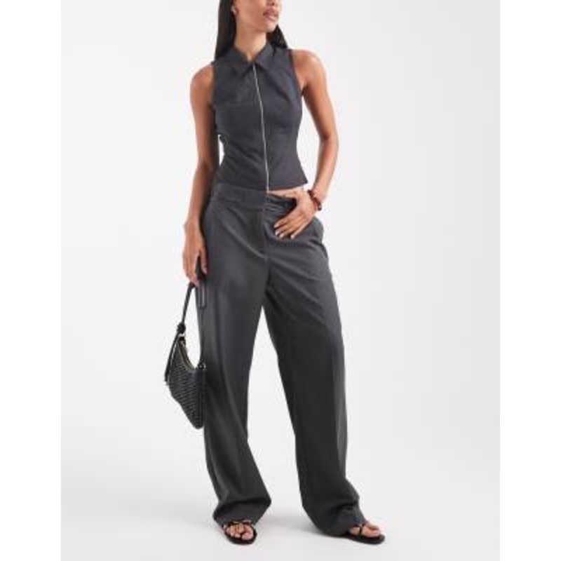 Vero Moda tailored pleat front wide leg pants with adjustable button waist in dark gray