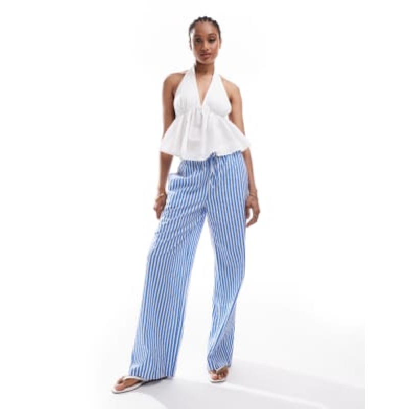Vero Moda Tall double waistband detail wide leg pants in blue stripe