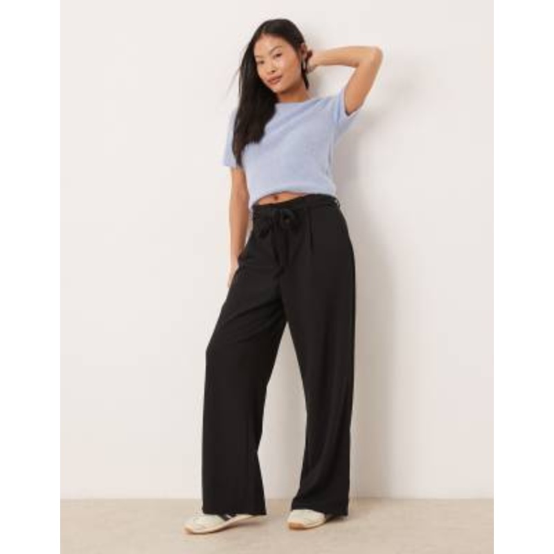 VILA Petite tie waist wide leg pants in black