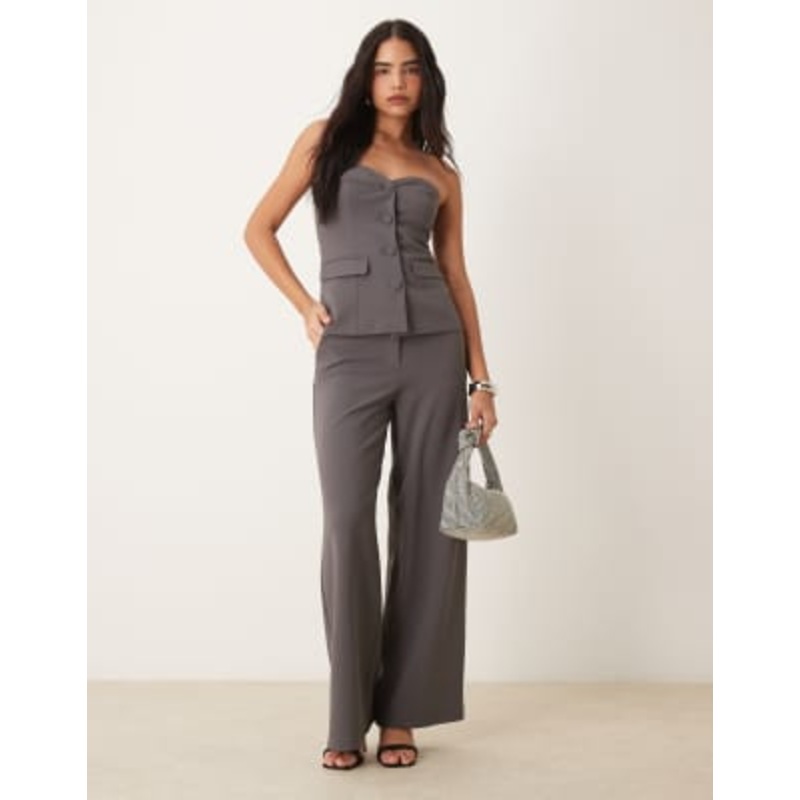 YAS tailored bandeau top and wide leg pants set in thunderstorm gray